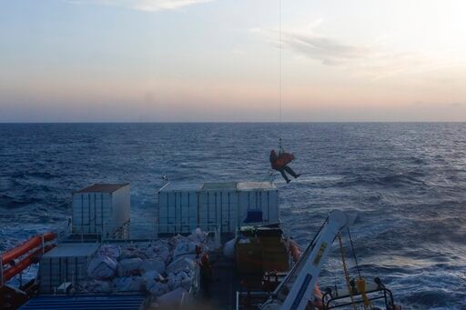 (AP Photo/Renata Brito). A Nigerian 9-month-pregnant woman is evacuated by a Maltese Armed Forces helicopter from aboard the Ocean Viking in Mediterranean Sea, Wednesday, Sept. 11, 2019. A humanitarian rescue ship in the Mediterranean Sea has appealed ...